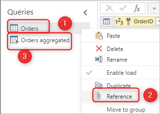 Image showing an Orders query with the reference option being used to create a new query called Orders aggregated.