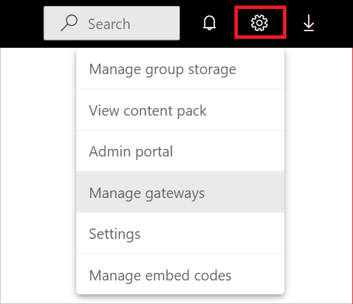 Image showing the manage gateways selection in Power BI service.