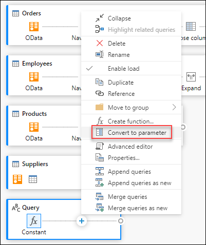 Convert to parameter option inside the query contextual menu.