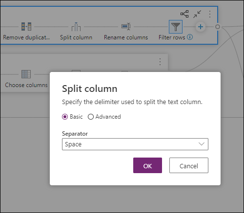Settings dialog for the Split column step of a query.
