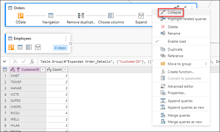 Emphasizing the collapse button in the context menu of the query.