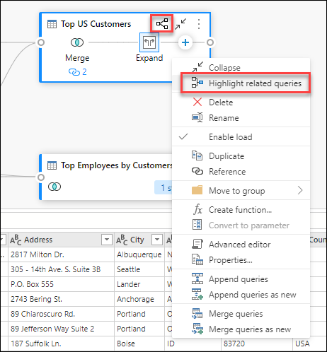 Highlight related queries buttons at the top of the Top US Customers query and inside the context menu.