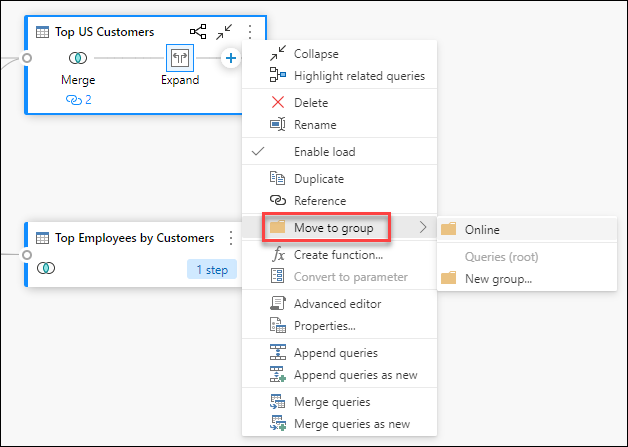 Move to group option inside the query contextual menu.