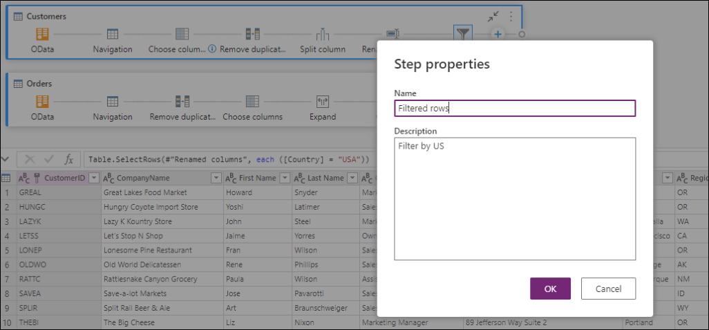 Step properties window for the step with the name 'Filtered rows' and a description that reads 'Filter by US'.