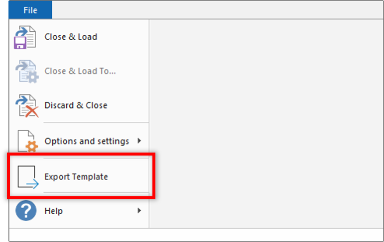 Export template option located in the File menu.