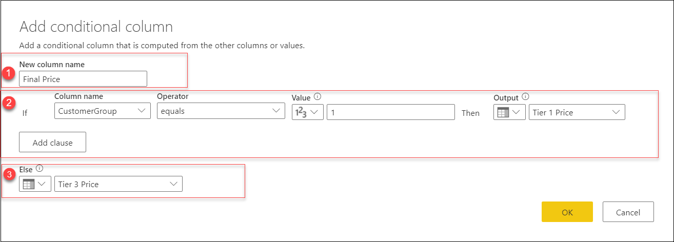 Dialog box where you specify the new column name and the conditional clauses you want to use.