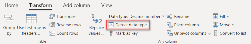 Detect data type command on the Transform tab.