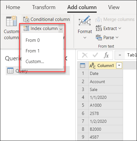 Add index column command on the Add column tab.
