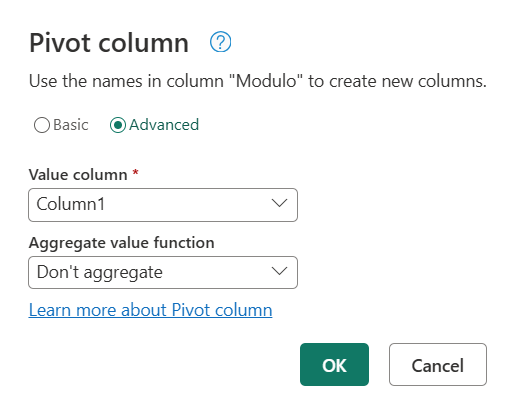 Screenshot of the Pivot column dialog with the values set.