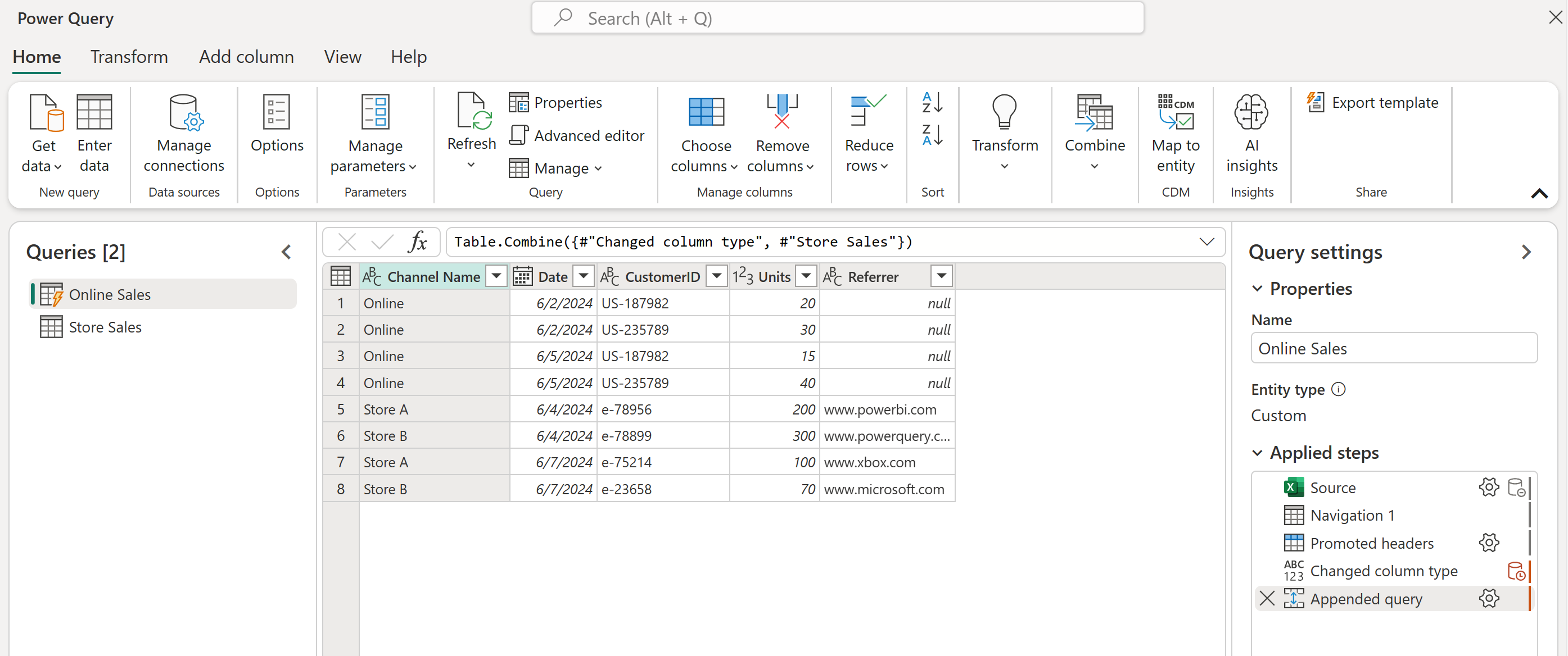 Table with combined common columns and data, except for the Referer column which contains null values for the online sales rows.