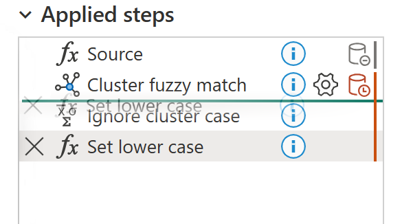 Screeshot of the Applied steps list with the Rename step being dragged to a new position in the list.