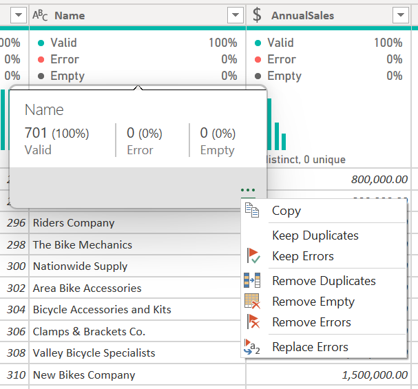 Data Quality hover options.