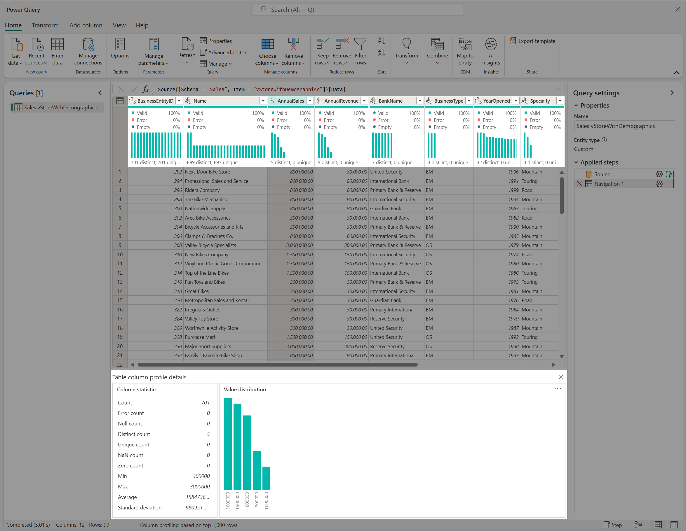 Data preview or data profiling tools in Power Query.