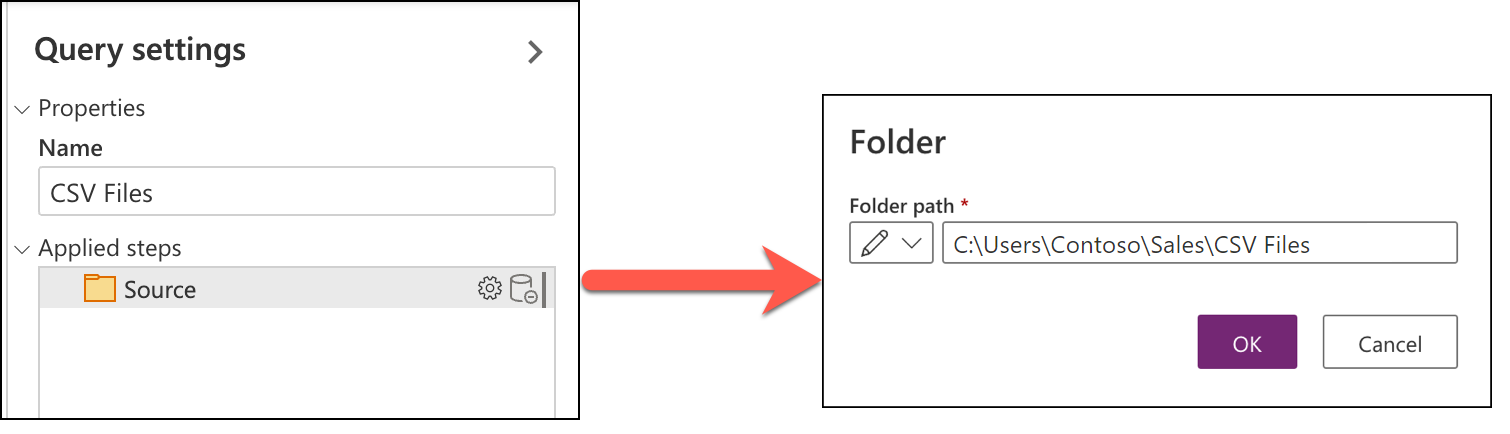 Image of the results of double-clicking the Source in the Power Query Query settings pane, with the Folder path shown from the example in this article.