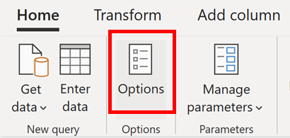 Screenshot of Options icon and selection in Power Query Home tab.