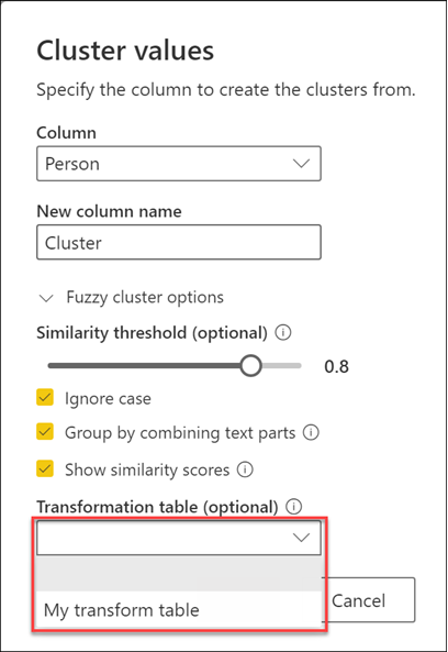 Fuzzy cluster column with sample transformation table drop-down menu.