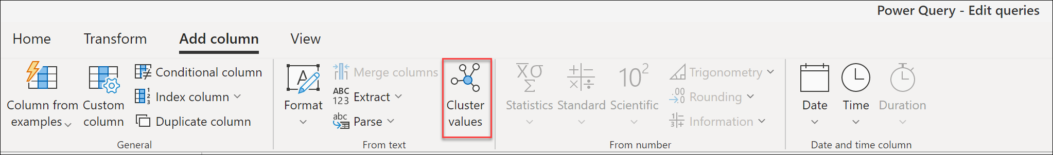 Cluster values icon inside the Add column tab in the Power Query online ribbon.