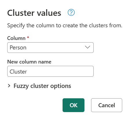 Cluster values window with the column Person selected and the New column named as Cluster.