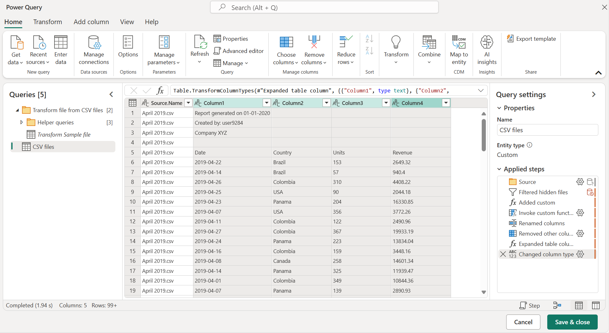 Output query for combined files without additional transformations.