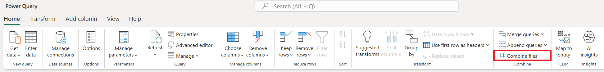 Combine files command on the Home tab.