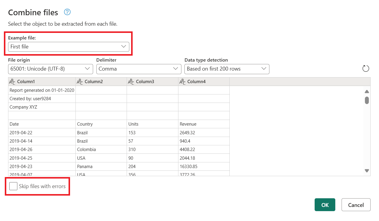 Screenshot of the Combine files dialog with the example file and the skip files with errors options emphasized.