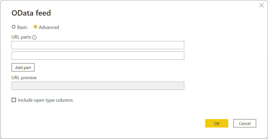 Screenshot of the OData Feed dialog, showing the U R L parts and preview fields.