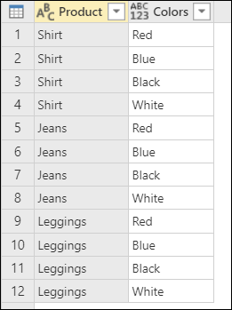 Final table with each of the three products (shirt, jeans, and leggings) each listed with four colors (red, blue, black, and white).