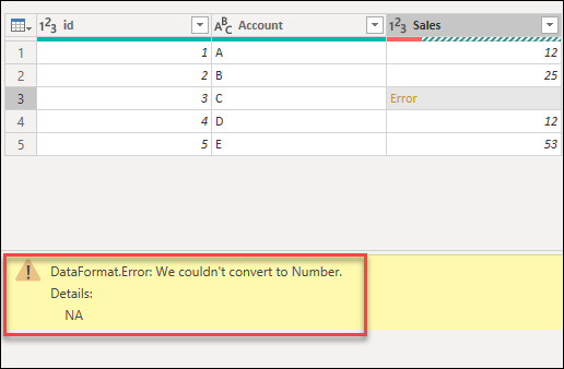 Displays data format error, couldn't convert to data type error in the error pane.