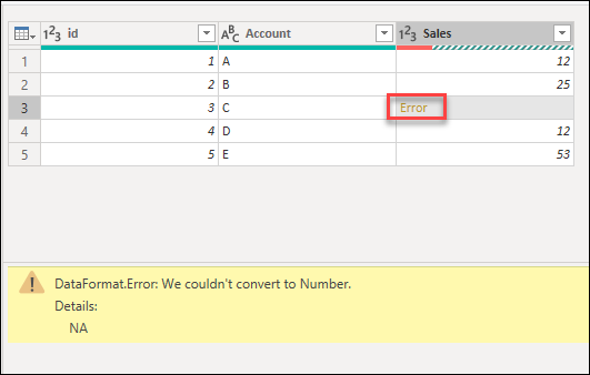 Displaying the error message by selecting whitespace in a table cell containing an error.