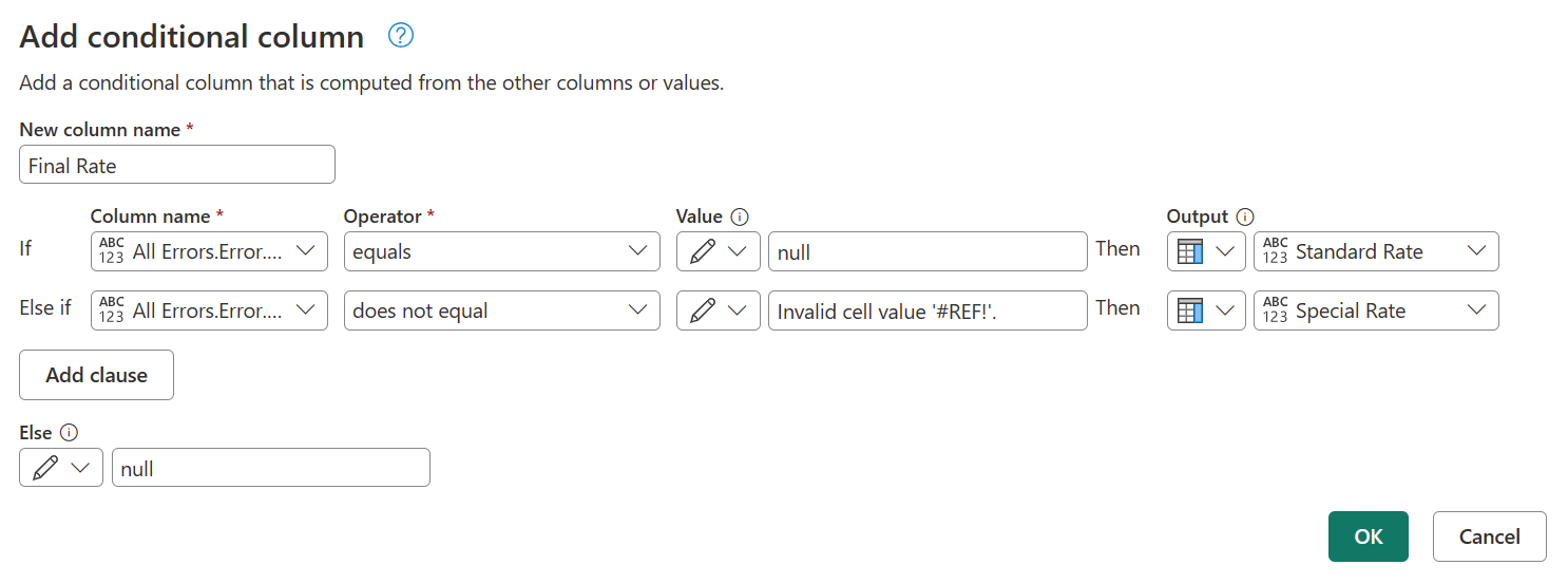 Screenshot of the Add conditional column dialog with all of the error conditions set for the new column.