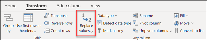 Replace values button on the Transform tab.