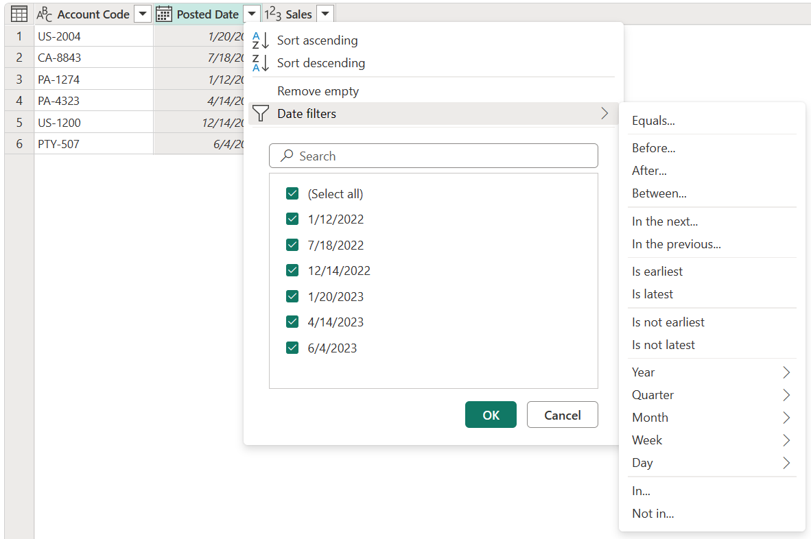 Menu items containing commands and filters that are specific to columns that contain data with the Date data type.