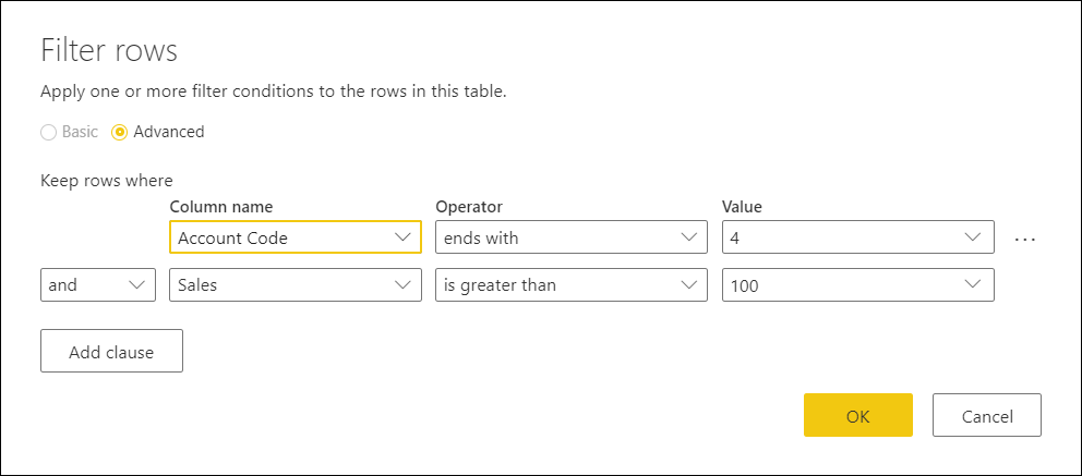Filter rows dialog box with advanced filter example settings.