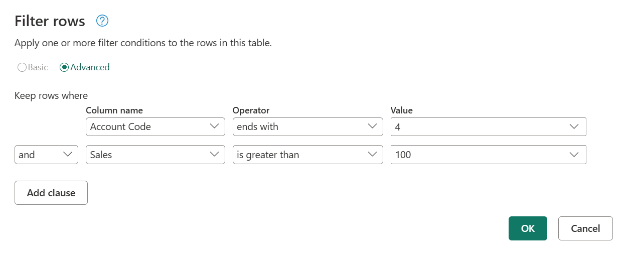 Filter rows dialog box with advanced filter example settings.