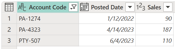 Screenshot of the sample output table for basic filter rows operation that only contains account codes that begin with either PA or PTY.