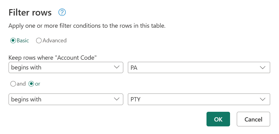 Basic filter rows operation with the example filter rules applied.