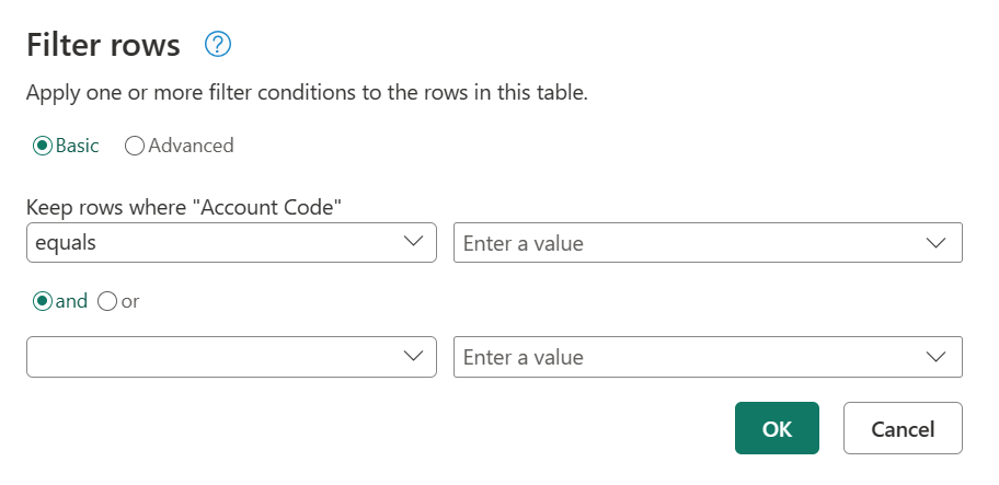 Example filter rows dialog box opened from the Account Code text column, with one filter set to "begins with."