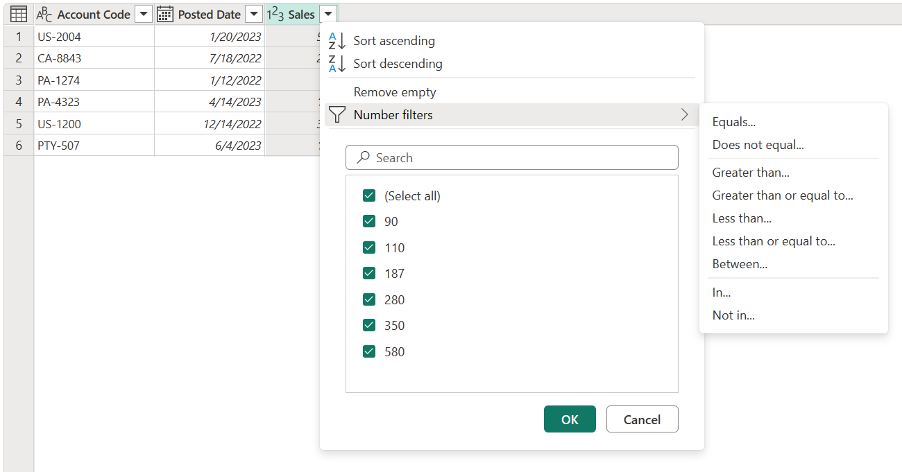 Menu items containing commands and filters that are specific to columns that contain the Number data type.