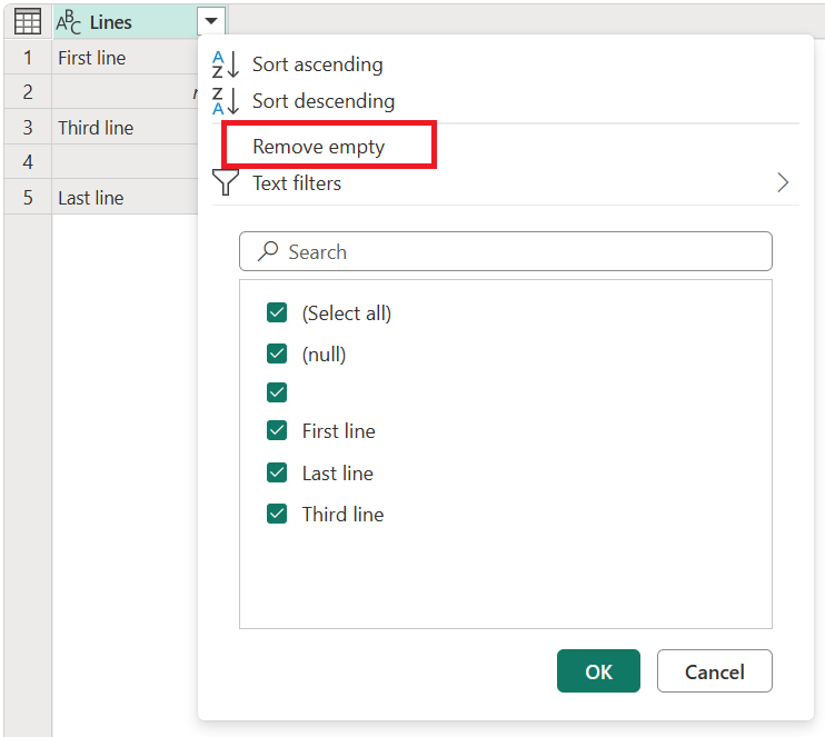 Screenshot of the Lines column with the Remove empty option emphasized.