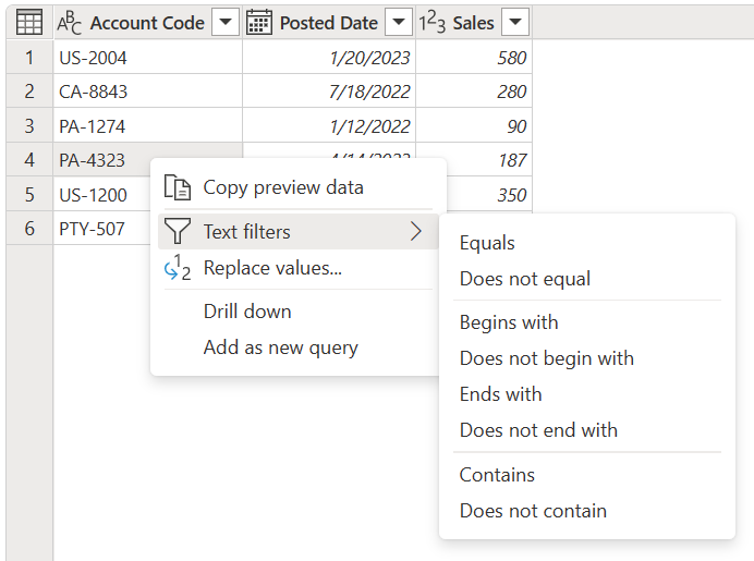 Right-click to filter rows based on the contents of a cell.