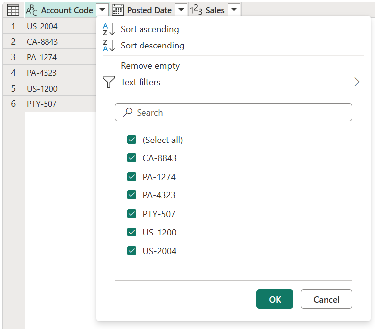 Sort and filter menu.