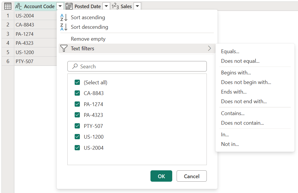 Menu items containing commands and filters that are specific to columns that contain the Text data type.