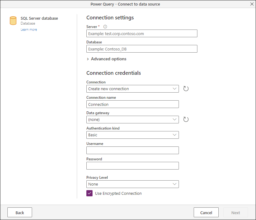 Connect to data source page, using the SQL Server database connector that showcases the Connection settings and Connection credentials sections.