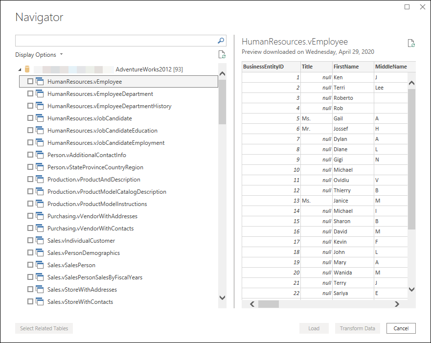 SQL Server connector navigator window in Power Query Desktop.