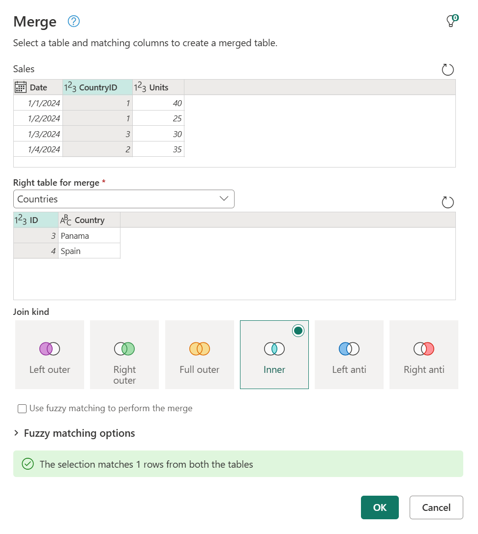 Screenshot of the merge dialog showing the results of following the previous inner join procedure.