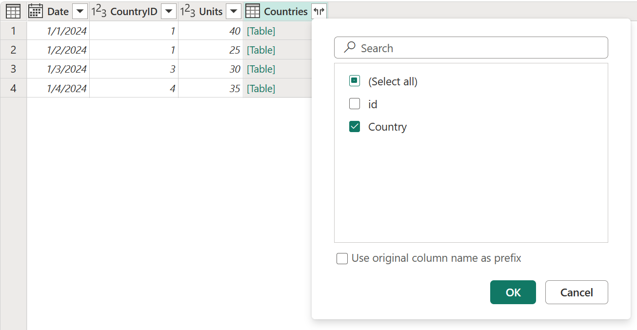 Expand table column for Country.