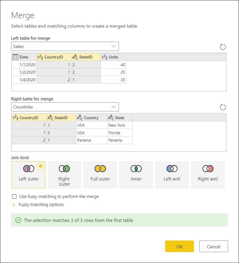 Merge dialog box with settings for the left and right tables.