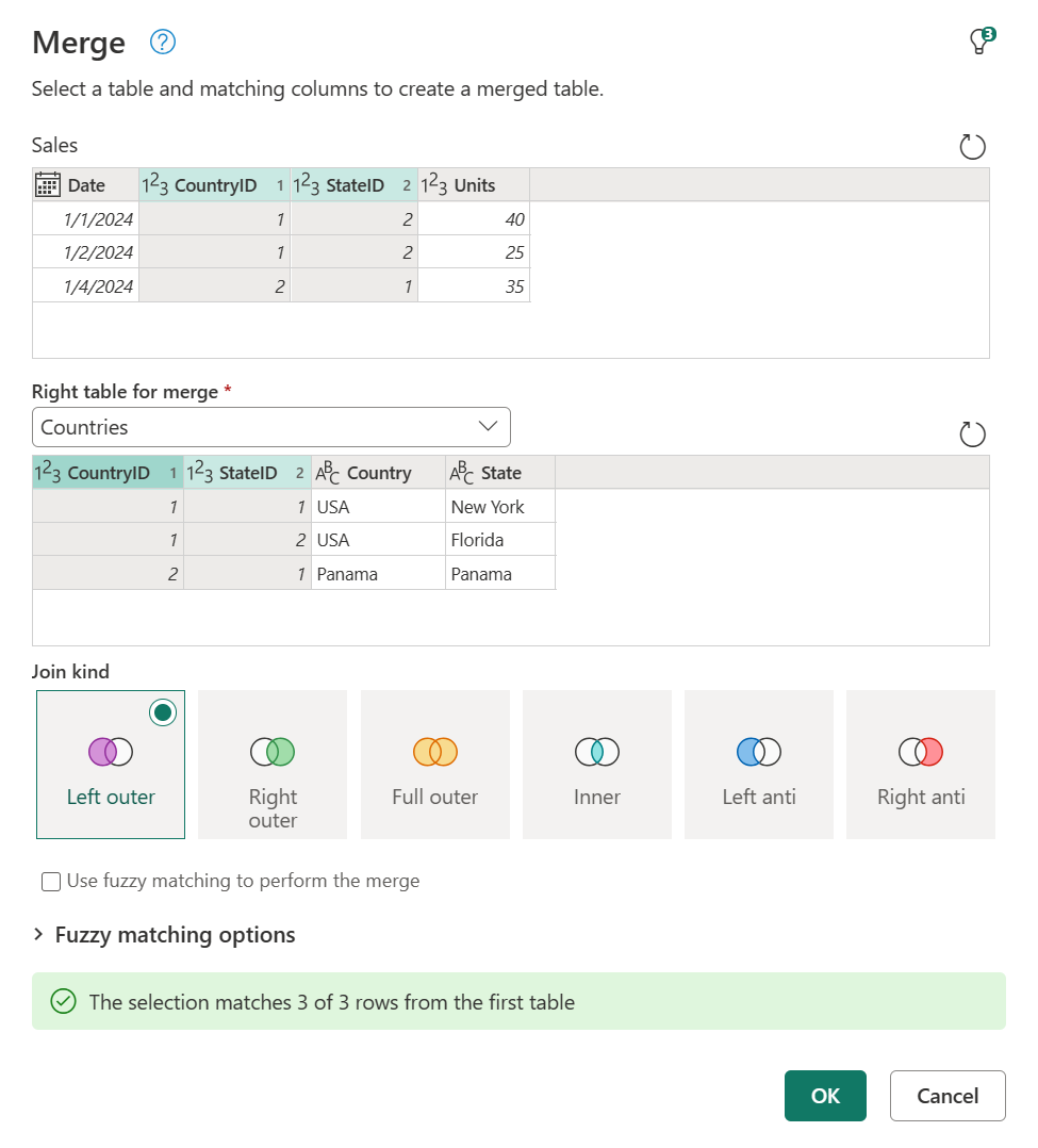 Merge dialog box with settings for the left and right tables.