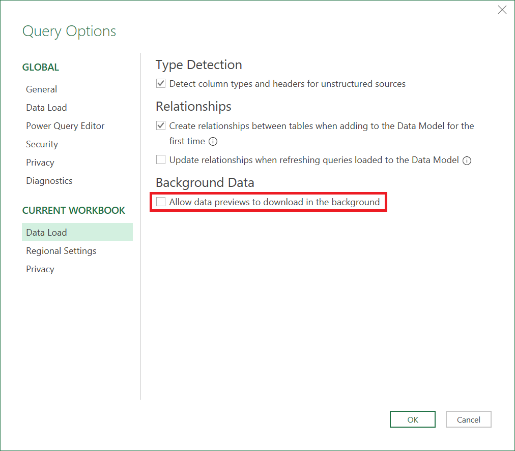 Image showing Query options in Excel with background analysis disabled