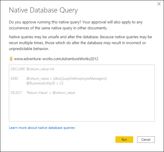 Import data from a database using native database query - Power Query |  Microsoft Learn